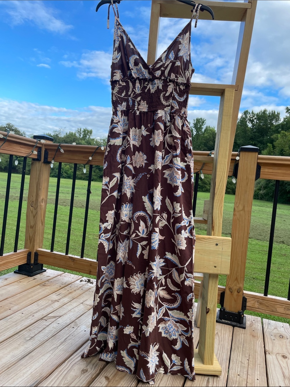 Patrons of Peace Brown Floral Jumpsuit with Blue & Cream Accents